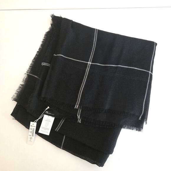 New Madewell Black Windowpane 100% Wool Scarf - Picture 3 of 8